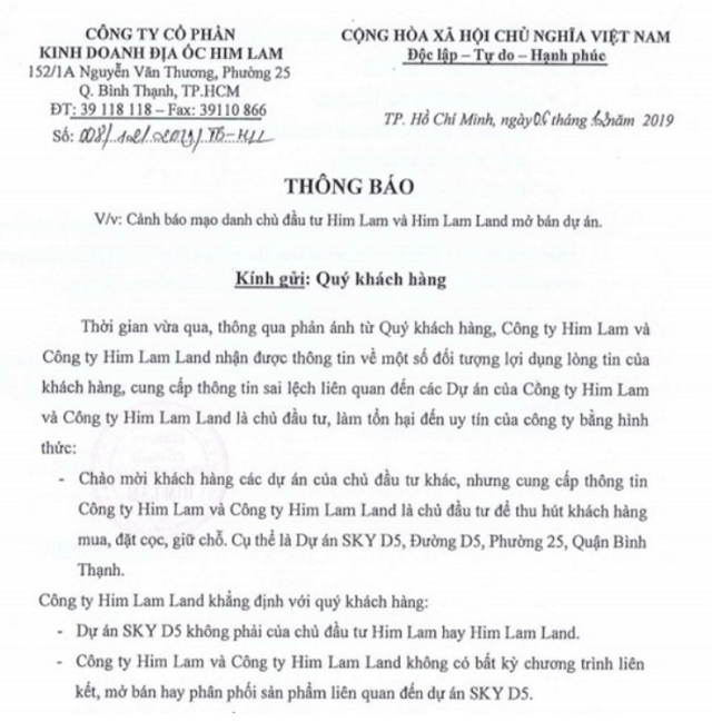 Him Lam Land khẳng định không liên quan tới sự án Khu căn hộ cao cấp Sky D5.