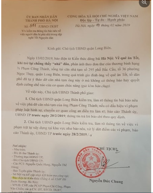 Văn bản chỉ đạo của Chủ tịch UBND TP Hà Nội.