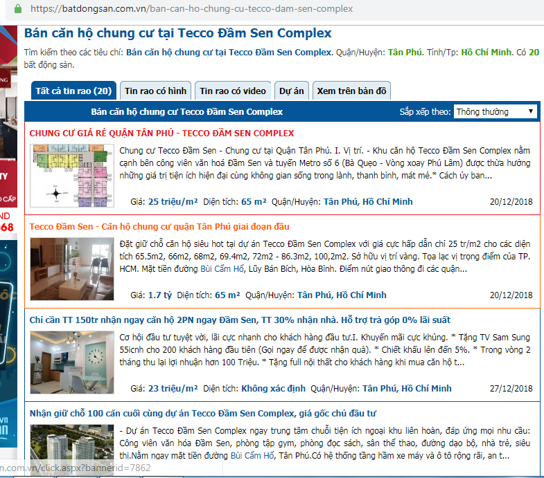 Các căn hộ tại dự án Tecco Đầm Sen đang được rao bán rầm rộ trên các trang web về BĐS.