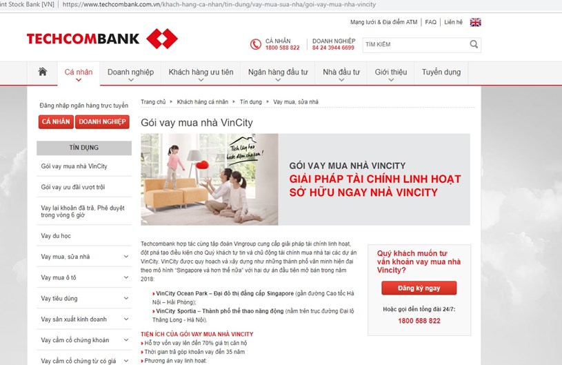 Website Teckcombank giới thiệu chương trình vay mua nhà theo hình thức trả góp Vincity