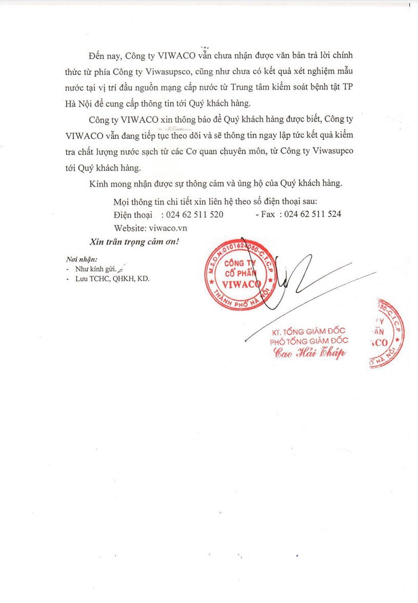 Văn bản của Viwaco gửi tới công ty CP nước sạch Sông Đà.
