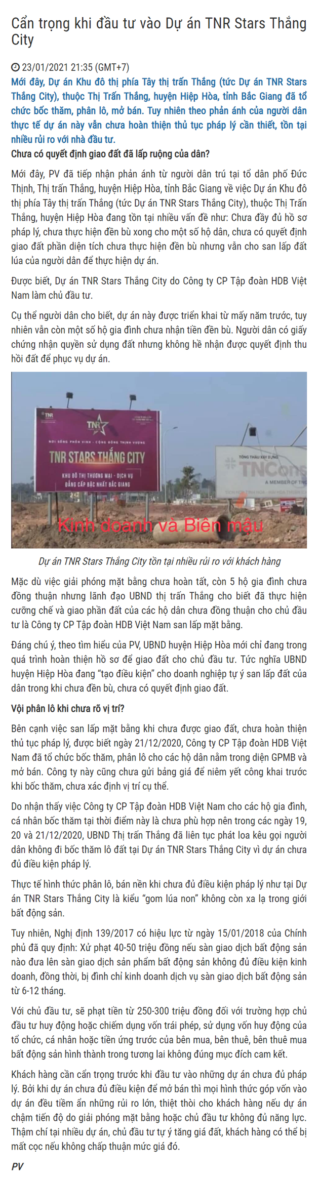 Dự &#225;n TNR Stars Thắng City: Chưa GPMB xong đ&#227; ph&#226;n l&#244; mở b&#225;n, tồn tại nhiều rủi ro với kh&#225;ch h&#224;ng? - Ảnh 1