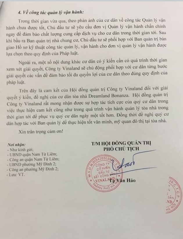 C&ocirc;ng ty Vinaland cam kết sẽ giải quyết v&agrave; đối thoại với cư d&acirc;n Chung cư Dreamland Bozanna v&agrave;o ng&agrave;y 6/2/2021. Tuy nhi&ecirc;n đến nay vẫn chưa thực hiện.&nbsp;