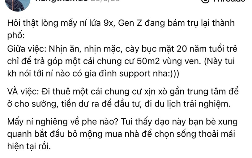 B&agrave;i đăng tr&ecirc;n threads thu về nhiều lượt quan t&acirc;m, tranh c&atilde;i. Ảnh tui chụp m&agrave;n h&igrave;nh.