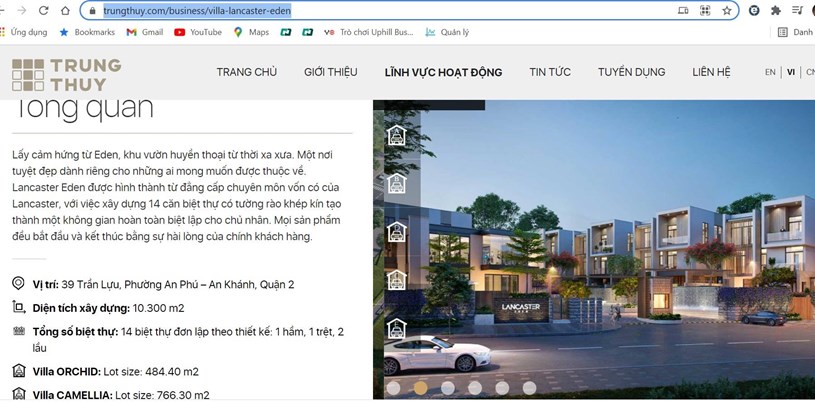 Tr&ecirc;n website của Tập đo&agrave;n Trung Thủy, dự &aacute;n Lancaster Eden được giới thiệu c&oacute; 14 căn biệt thự.