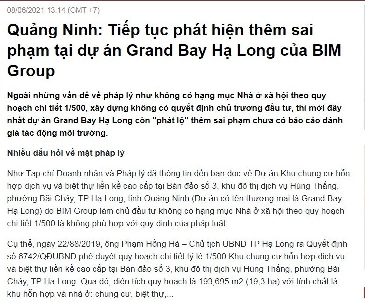 Sai phạm chồng chất sai phạm tại dự &#225;n Grand Bay Hạ Long của BIM Group - Ảnh 1