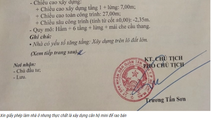 Xin giấy ph&eacute;p l&agrave;m nh&agrave; ở nhưng thực chất l&agrave; x&acirc;y dựng căn hộ mini để rao b&aacute;n. Ảnh: T&agrave;i ch&iacute;nh doanh nghiệp.