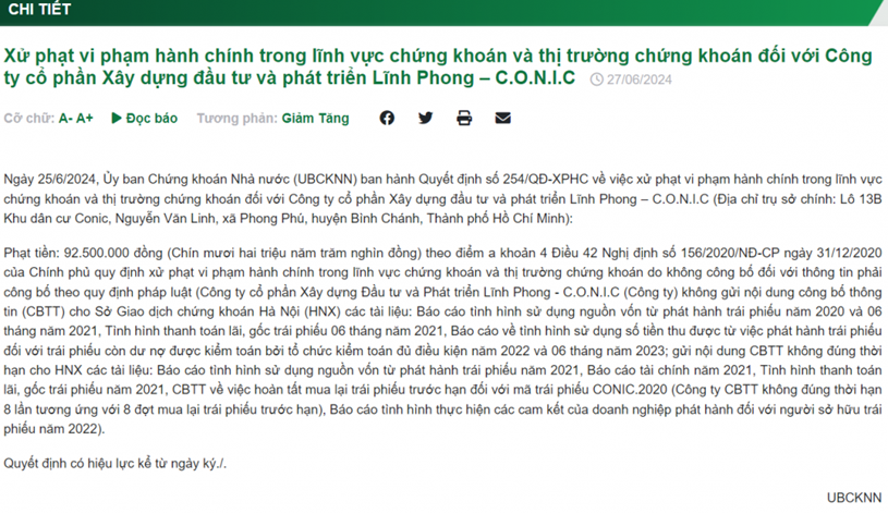 Th&ocirc;ng tin xử phạt về Lĩnh Phong Conic