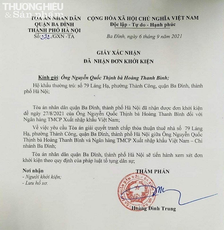 Giấy x&aacute;c nhận của T&ograve;a &aacute;n nh&acirc;n d&acirc;n quận Ba Đ&igrave;nh đ&atilde; nhận đơn khởi kiện của b&agrave; Ho&agrave;ng Thị Thanh B&igrave;nh