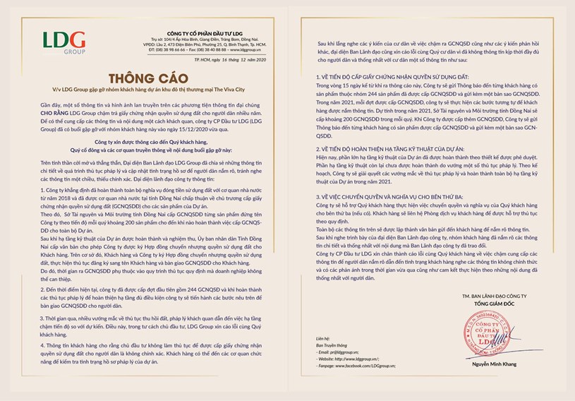 LDG l&#234;n tiếng về những l&#249;m x&#249;m xung quanh dự &#225;n The Viva City - Ảnh 2