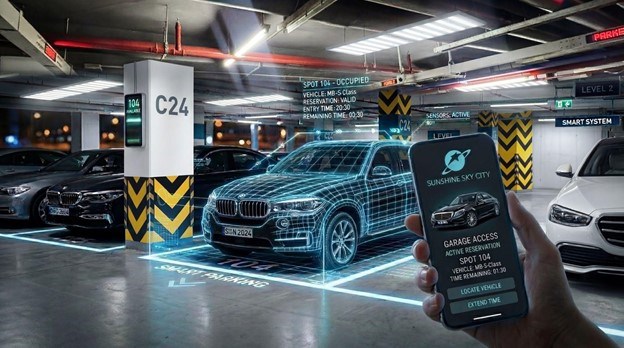 Hệ thống đỗ xe tại Sunshine Sky City ứng dụng c&ocirc;ng nghệ th&ocirc;ng minh, gi&uacute;p tối ưu việc t&igrave;m kiếm v&agrave; ph&acirc;n bổ vị tr&iacute; đỗ xe.