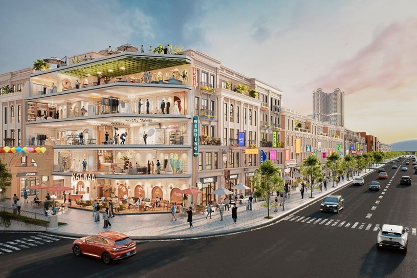 Ph&ocirc;́i cảnh m&ocirc;̣t dãy ph&ocirc;́ thương mại trong Vincom Collection