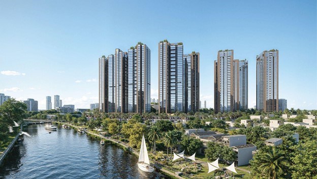 Sunshine Sky City gồm 9 t&ograve;a th&aacute;p cao 26-38 tầng, sở hữu tầm nh&igrave;n đắt gi&aacute; hướng s&ocirc;ng S&agrave;i G&ograve;n v&agrave; s&ocirc;ng Cả Cấm với gần 3.500 sản phẩm cao cấp.
