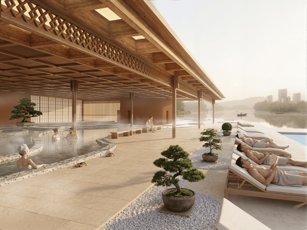 Onsen 3 dẫn trực tiếp d&ograve;ng kho&aacute;ng n&oacute;ng v&agrave;o tổ hợp Clubhouse nội khu hơn 3.000m2