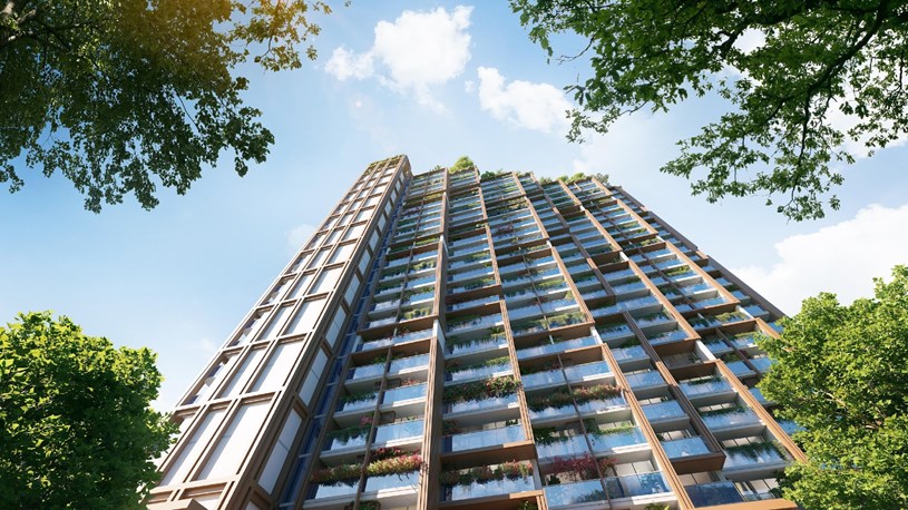 Thiết kế t&ograve;a The Xanh 2 ứng dụng linh hoạt chất liệu truyền thống (Ảnh: Sun Property) &nbsp;