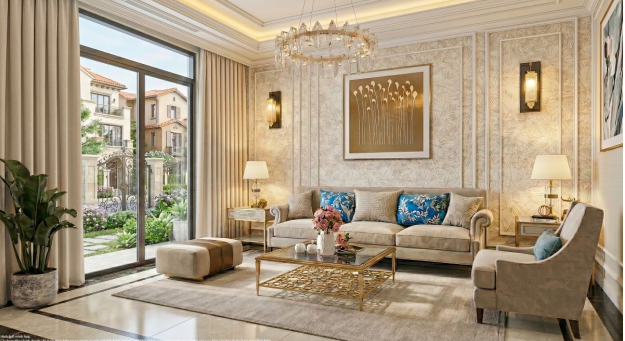Ph&ograve;ng kh&aacute;ch gam kem - be, mở rộng tầm nh&igrave;n ra s&acirc;n vườn, tạo cảm gi&aacute;c sang trọng v&agrave; thư th&aacute;i