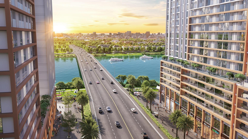 Giao th&ocirc;ng nhộn nhịp quanh c&aacute;c tổ hợp căn hộ đảm bảo tiềm năng sinh lời bền vững cho shophouse khối đế. Ảnh: Sun Property.