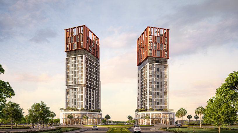 Tổ hợp căn hộ Cora Tower kho&aacute;c l&ecirc;n thiết kế ấn tượng c&ugrave;ng hệ tiện &iacute;ch hiện đại. (Ảnh phối cảnh: Sun Property)